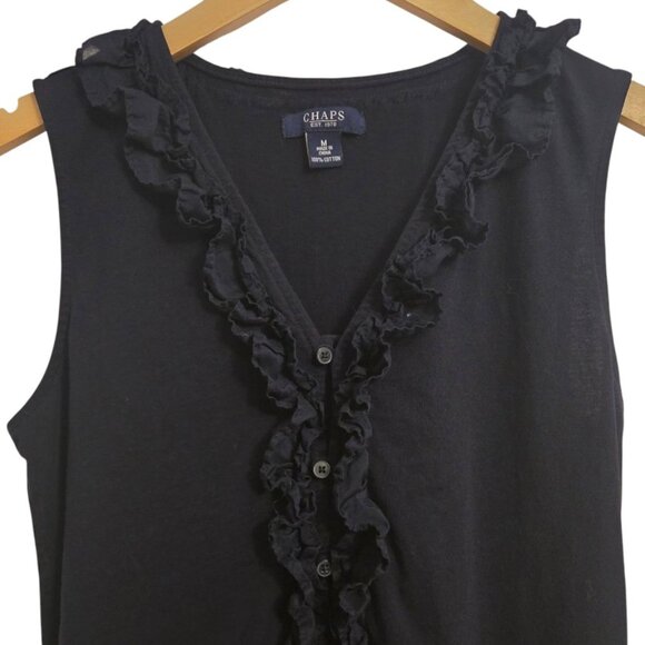 Chaps Women’s Sleeveless Ruffle Front Blouse Medium Navy Blue 100% Cotton Button - Picture 2 of 5